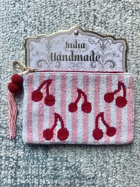 Viral Handmade Pink & White Beaded Cherry Clutch Makeup Travel Bag